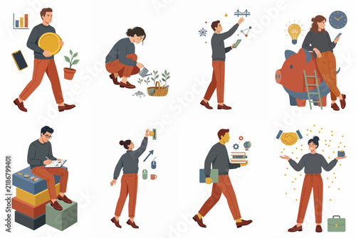 Collection of Flat Vector Illustrations Showing People Involved in Various Business, Financial, and Career Development Activities