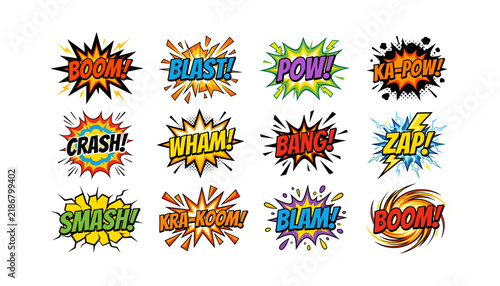 Collection of comic book sound effect speech bubbles with text like boom blast pow crash wham bang zap smash
