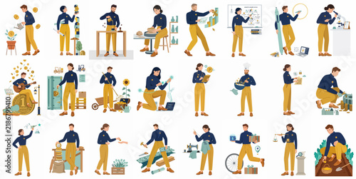 Large collection of diverse flat vector character illustrations depicting various professions, hobbies, and creative activities in a clean, modern aesthetic.