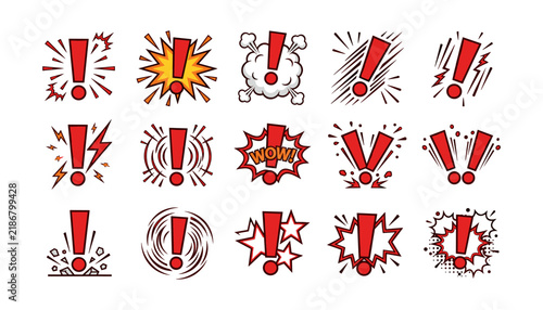 Set of comic book style exclamation marks with various explosion and action effects