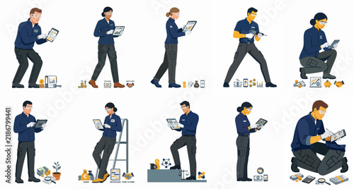 Diverse set of technicians and service workers in dark blue uniforms using digital tablets for various industrial, maintenance, and inspection tasks.