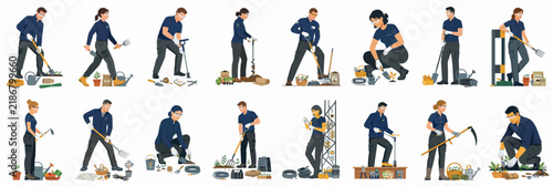 Set of professional gardeners and landscapers working with various tools, such as shovels and watering cans, isolated on a white background.