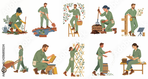 Set of diverse illustrations featuring people in green overalls performing various gardening and farming activities like planting, harvesting, and beekeeping.