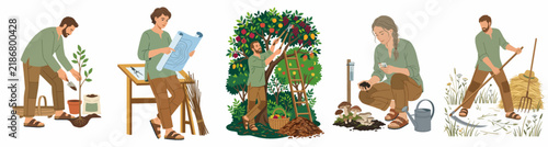 Collection of Illustrated People Engaged in Gardening and Farming Activities like Planting, Planning, Harvesting Fruit, and Traditional Grass Mowing