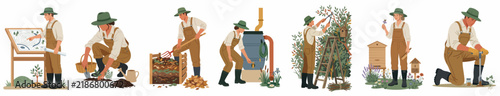 Set of illustrations depicting various sustainable gardening activities including composting, beekeeping, rainwater harvesting, and planting, all shown with characters in matching attire.