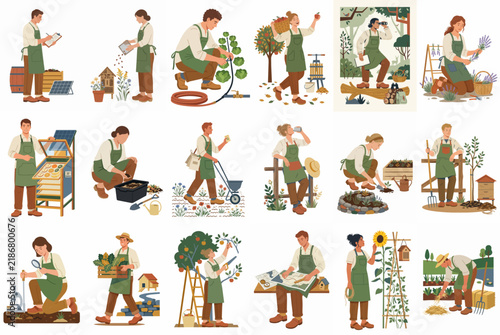Flat illustration collection of people engaged in various gardening, farming, and agricultural activities including planting, harvesting, and beekeeping.