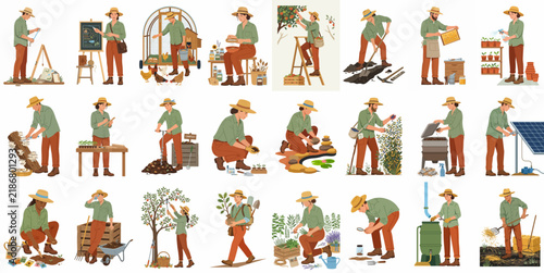Collection of illustrations depicting people engaged in diverse sustainable farming, gardening, and homesteading activities.