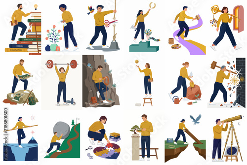 Collection of metaphorical illustrations showing people overcoming obstacles, achieving goals, and personal development through various symbolic activities for success and growth.