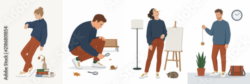 Set of four vector illustrations depicting characters engaged in slow living, mindfulness, curiosity, and introspection in daily life scenarios.