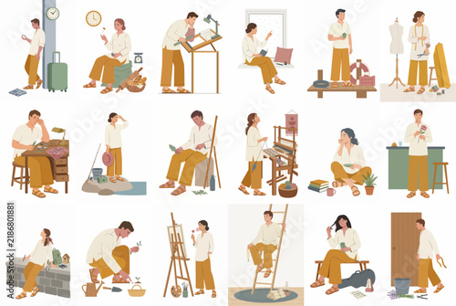 Collection of flat vector illustrations featuring characters engaged in various daily activities, professional tasks, and creative hobbies against a clean white background.