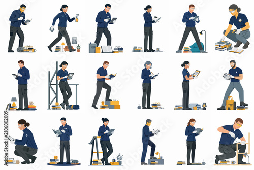 Collection of diverse logistics workers and delivery personnel in blue uniforms performing various warehouse and shipping tasks isolated on white background.