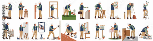 Vector Illustration Collection of a Handyman and Construction Worker Performing Various Home Maintenance and Building Tasks in Different Poses.
