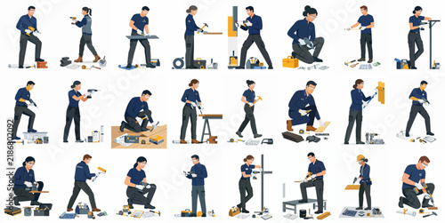 Diverse set of professional workers and technicians in blue uniforms performing various maintenance, repair, and construction tasks with tools, isolated on white background.