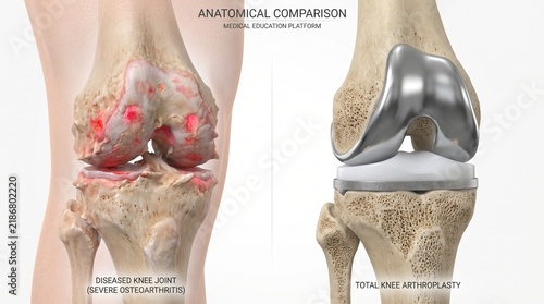 Medical 3D illustration showing an anatomical comparison between a severe osteoarthritis knee joint and total knee replacement surgery.