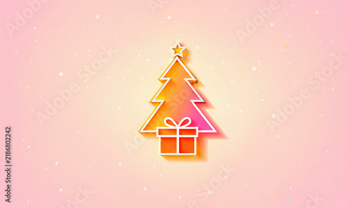 Fototapeta orange and pink glowing flat christmas tree with star and matching orange gift box on pink with scattered dots