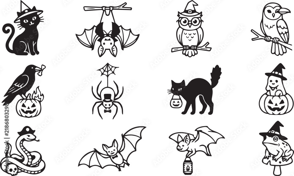 Obraz premium Black Halloween icons with cute witch cat owl bat spider snake frog