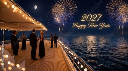 Happy New Year 2027 celebration on luxury yacht, elegant party with fireworks over ocean, festive gala event at sea