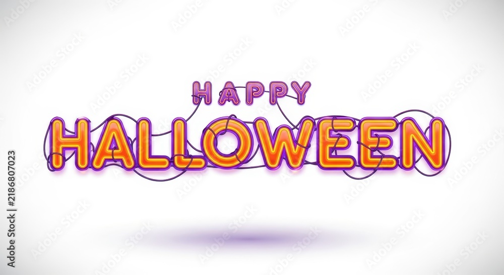 Fototapeta premium Vibrant neon Halloween greeting with glowing text and spooky wireframe design on a clean white background