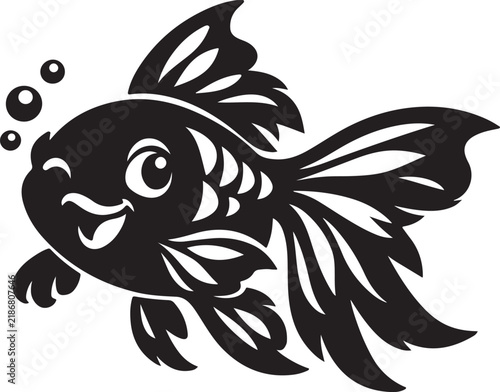 Playful winking goldfish silhouette vector illustration, happy cartoon fish with bubbles isolated on white background