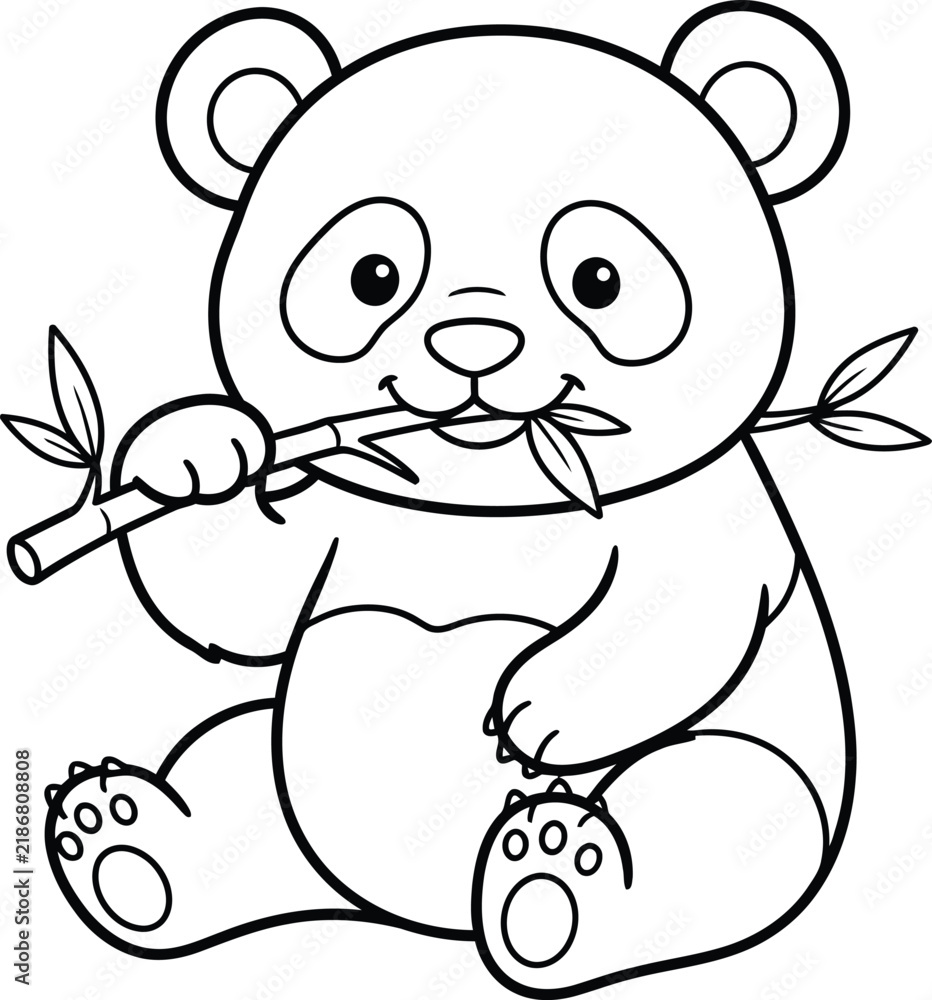 Fototapeta premium A delightful panda bear enjoys a tasty bamboo snack perfect for coloring and creative expression for children of all ages