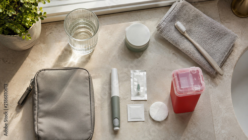Organized GLP-1 Weight Management Injection Supplies Prepared Safely on Home Bathroom Counter