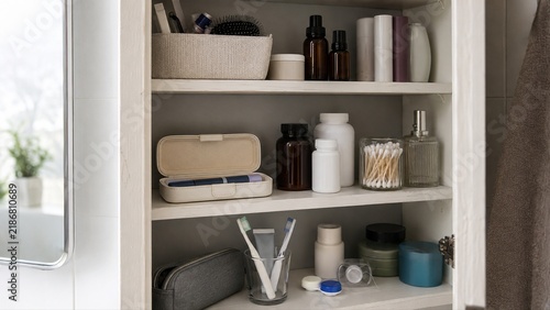 Organized Bathroom Cabinet Storing GLP-1 Weight Management Medication and Everyday Personal Care Supplies