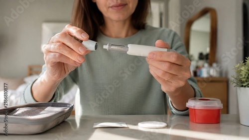 Woman Preparing GLP-1 Weight Management Injection Pen Before Safe Home Medication Routine