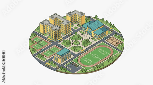 Dynamic Aerial View of Modern Residential Complex with Sports Facilities and School Buildings in Bright Colors