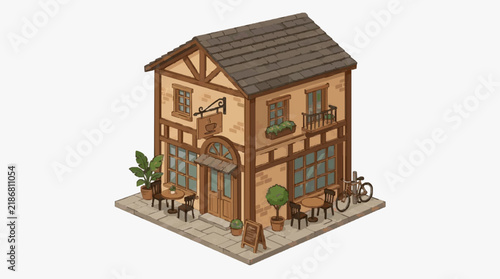 Dynamic Charming Isometric of a Quaint Coffee Shop with Timber Framed Exterior Outdoor Seating and Cozy Ambiance