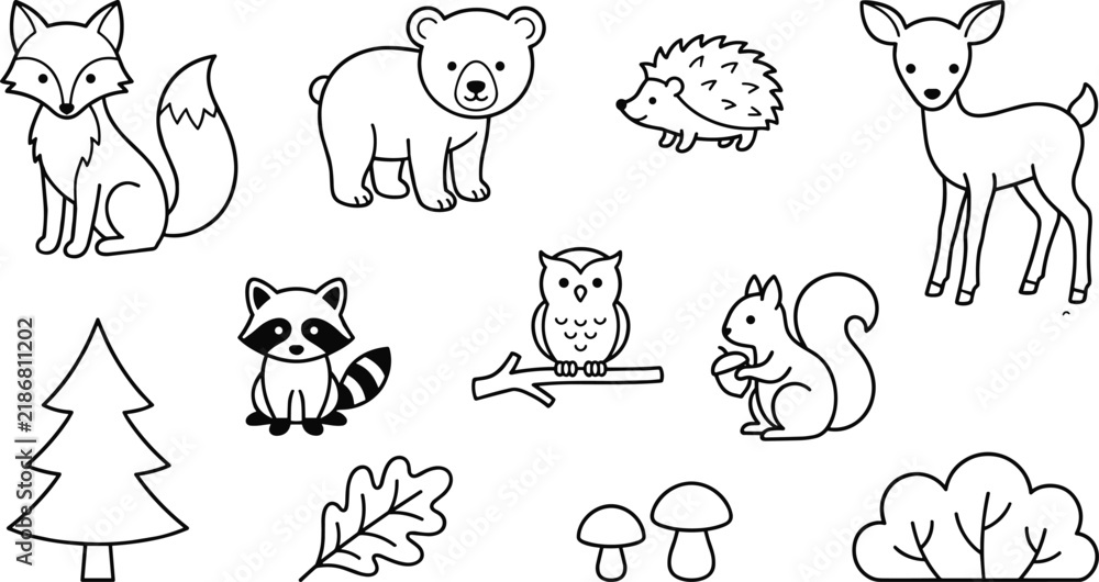 Fototapeta premium Cute Woodland Forest Animal and Nature Outline Icon Set for Kids Coloring Pages, Preschool Activity Books, and Kindergarten Nursery Vector Graphic Designs