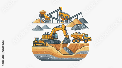 Dynamic Construction Excavator and Heavy Machinery at Active Quarry Site with Crushing Equipment and Material Piles