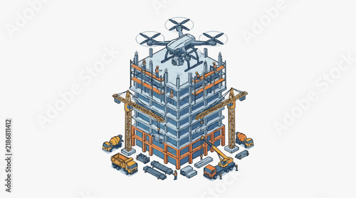 Dynamic Construction Site Featuring Modern Drone Cranes Workers and Heavy Machinery in Isometric Style