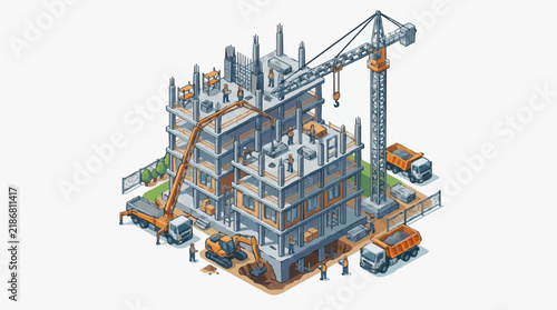 Dynamic Construction Site Featuring Multi Story Building Under Development with Cranes Excavators and Workers