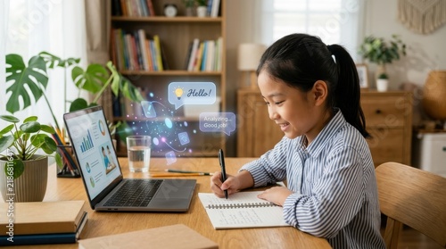Young girl engages with laptop while studying at home, demonstrating a modern learning environment and technology incorporation in education