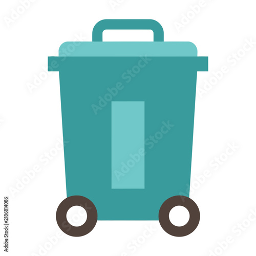 Teal trash can with wheels and handle on white background simple icon