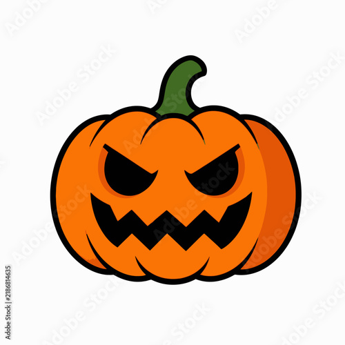 A vibrant orange cartoon jack-o'-lantern with a scary carved face and green stem on a white background.
