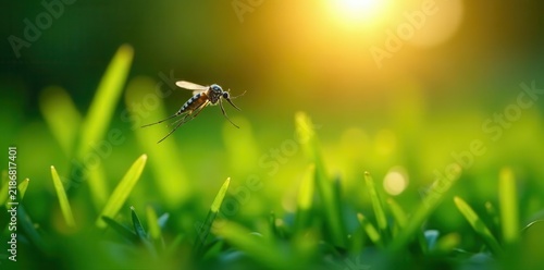 Tiny mosquito in flight, above lush, damp grass blades at daybreak , wildlife, fauna, dawn
