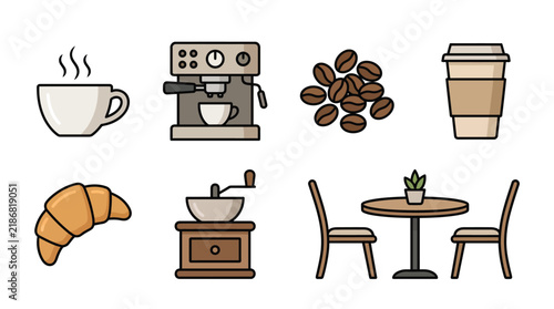 Coffee shop elements collection featuring drinks machine beans and pastries