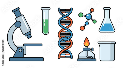 Science laboratory icons collection featuring microscope DNA helix and glassware equipment