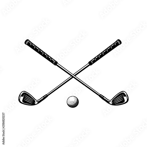 Crossed golf clubs and ball. Design element for logo label emblem sign. Vector illustration. Ideal for golf club tournament apparel and sports branding.