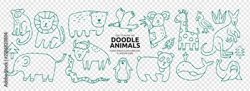 Cute Line Tropic Baby Animal Set. Tropical Jungle Safari Animal Kit. Tropic Animals Line Style Collection. Doodle Vector Illustration in Png Transparent Bg