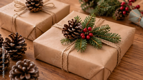 Rustic Christmas Gift Wrapping with Pinecones, Evergreen Branches and Red Berries
