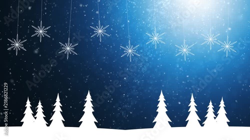 Winter snowy nature illustrated background with snowflakes swing on the strings. Copy space animation.