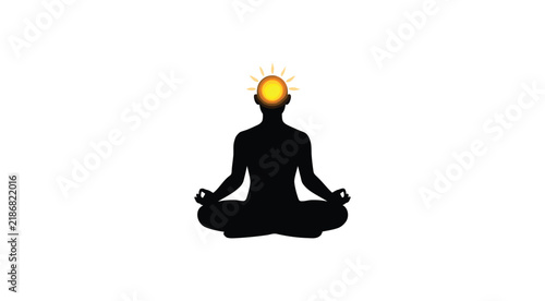 Meditation silhouette with glowing sun chakra sitting in lotus position pose