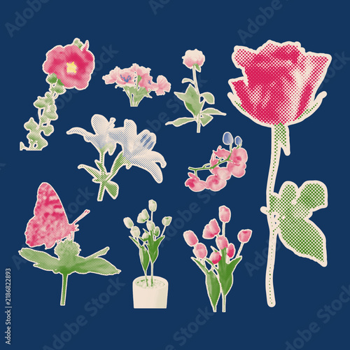 Halftone Flower Cutout Illustration Set