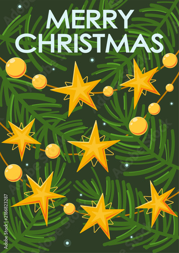 Christmas tree branches with golden stars and beads in a festive holiday background. Holiday design  perfect for Christmas cards, festive banners, and seasonal posters.
