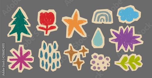 Hand drawn scribble doodles elements set, scrapbook paper cutout abstract stickers elements collection, collage vector illustrator