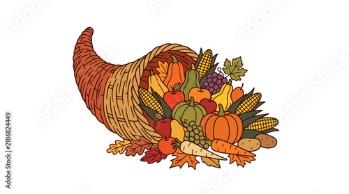 Traditional Autumn Cornucopia Filled with Seasonal Harvest Fruits and Vegetables