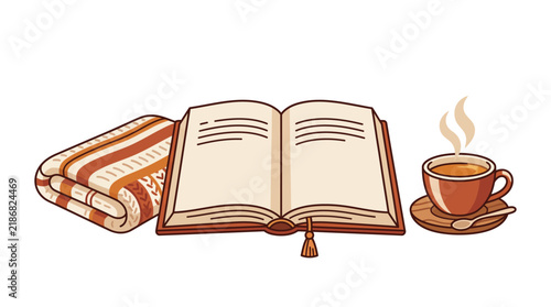 Open Book With Warm Blanket And A Steaming Cup Of Coffee For Cozy Reading