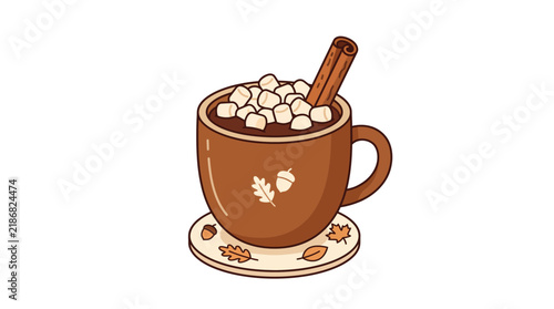 Cozy Autumn Hot Chocolate Mug with Marshmallows and Cinnamon Stick Illustration